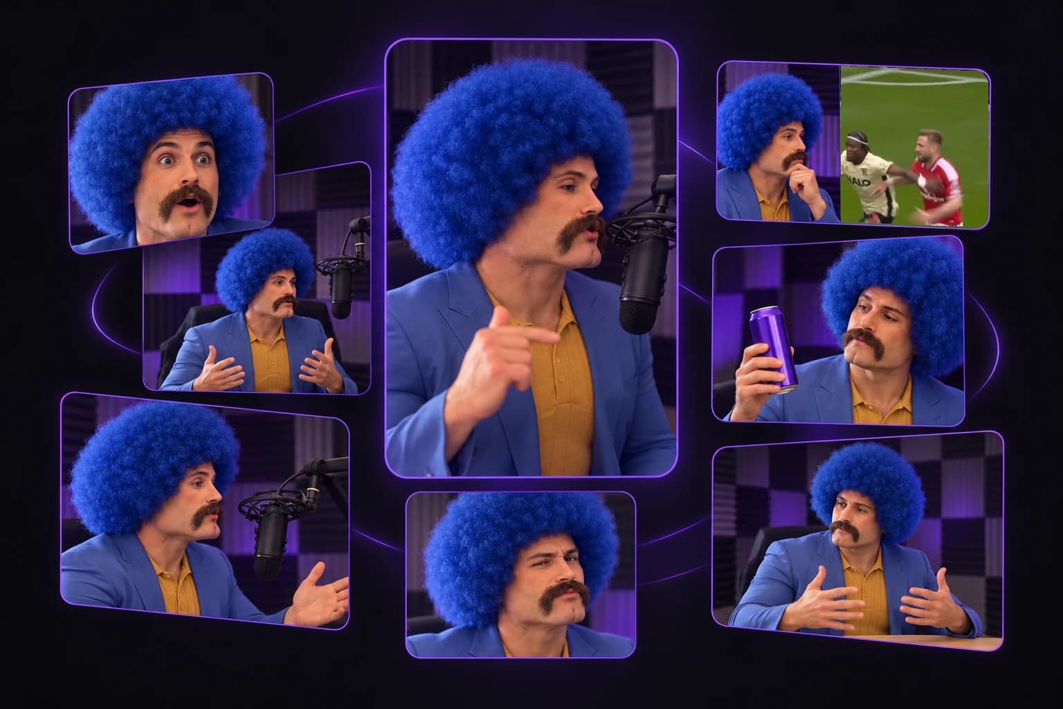The same branded character appearing across multiple edited content tiles.
