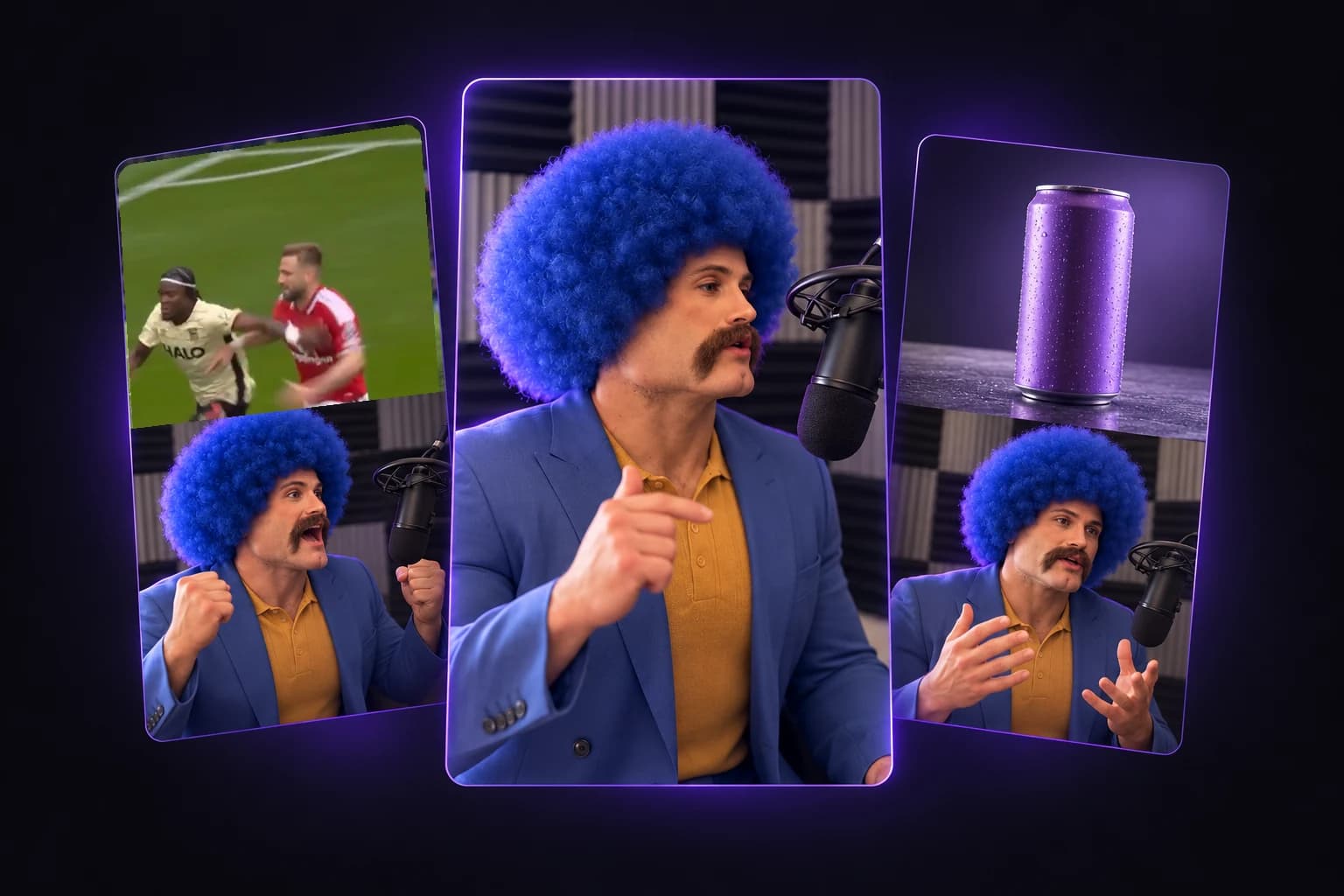 A branded character across studio, sports reaction and product commentary formats.